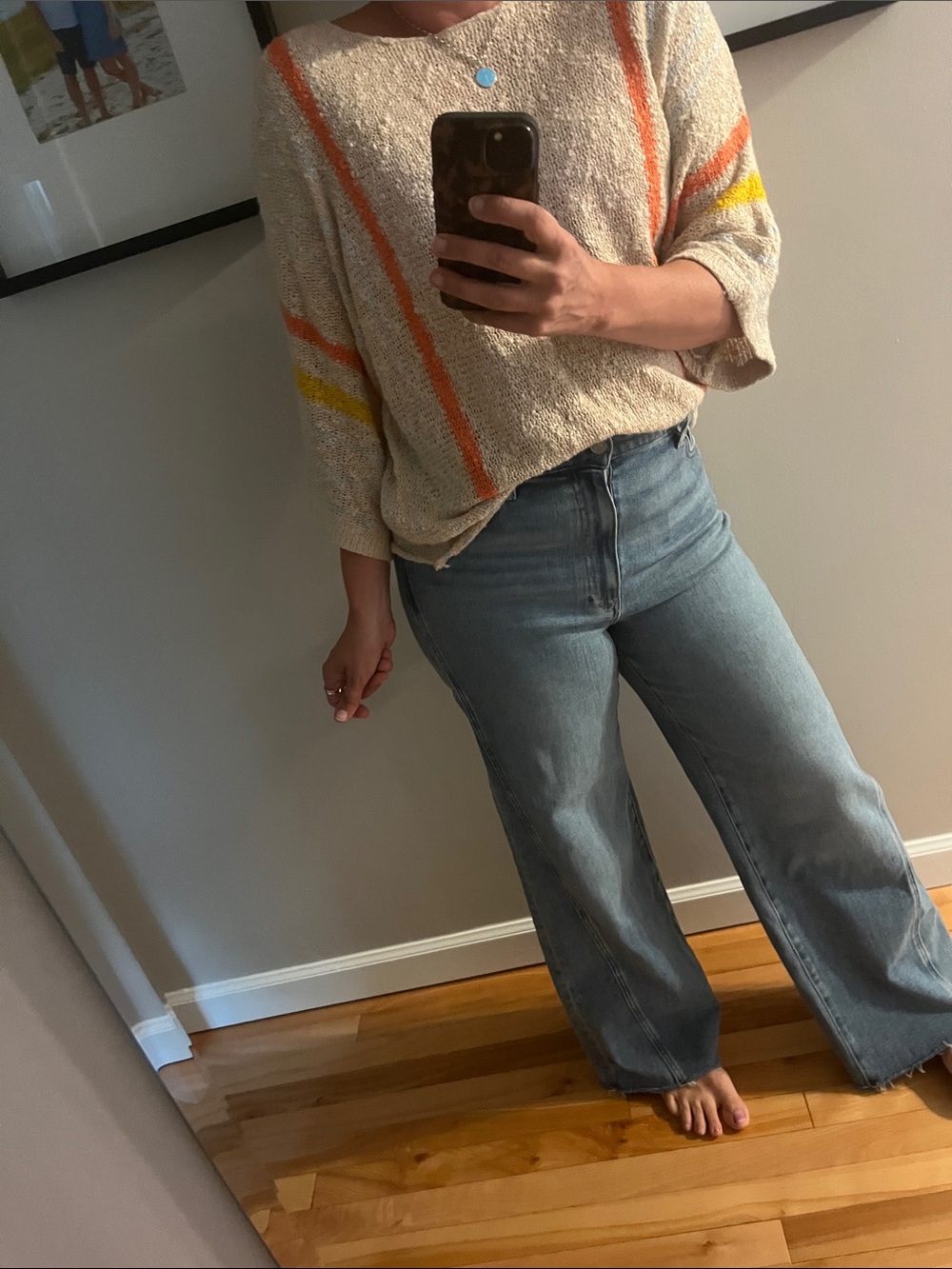 Cream Knit Sweater with Orange & Yellow Stripes
